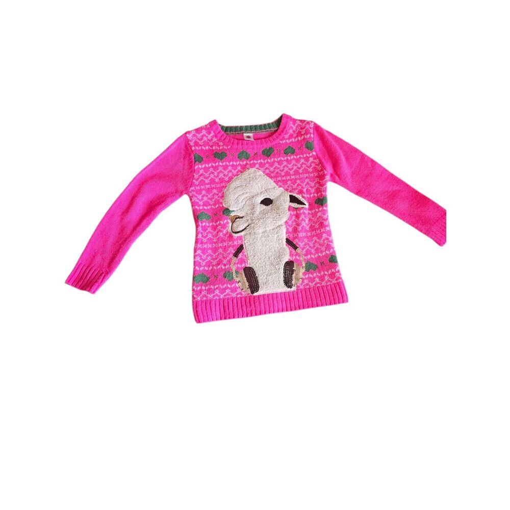 Pink Llama Sweater Total Girl Girls Size S 7/8 Textured Graphic & Fair Isle Knit